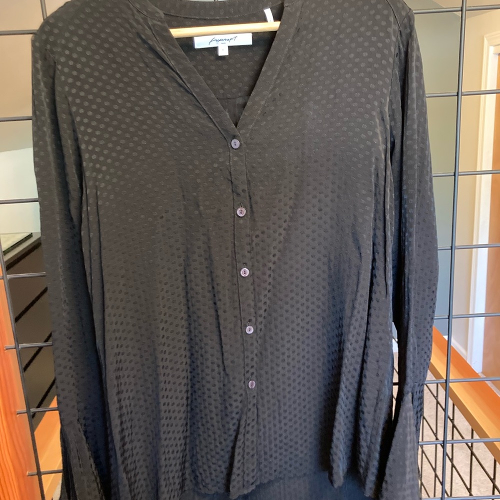 Dress Foxcroft blouse with flared cuff. Silky black w/ subtle black polka dots.